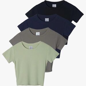 Real Essentials 4-Pack: Women’s Short Sleeve Ribbed Crew Neck Crop Top T-Shirts